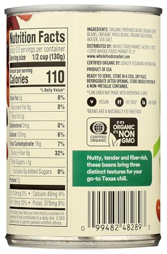 Whole Foods Market Organic Bean Trio (Kidney, Pinto, & Black Beans) for Healthy Eating 15 Ounce USDA Organic