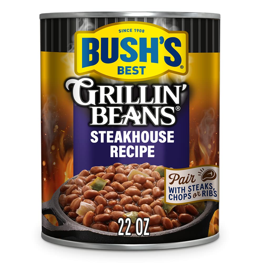 Bush's Best Steakhouse Recipe Grillin' Beans, Low Fat Canned Beans for Gluten Free Consumers, Source of Plant Based Prot