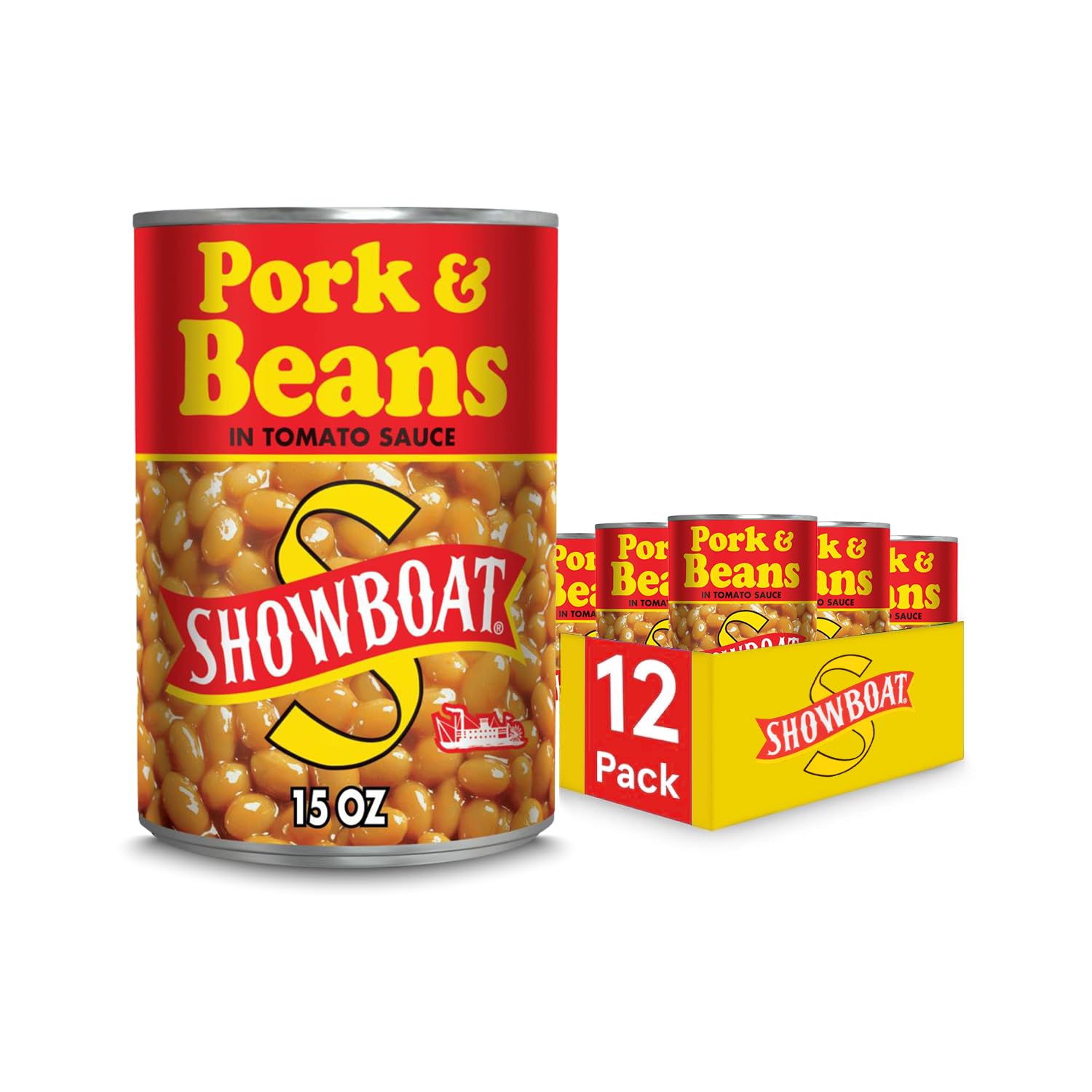 SHOWBOAT Pork & Beans - 15 oz (Pack of 12) for Family Dinners - Homestyle Flavor - Classic Comfort Food - 12 Pack